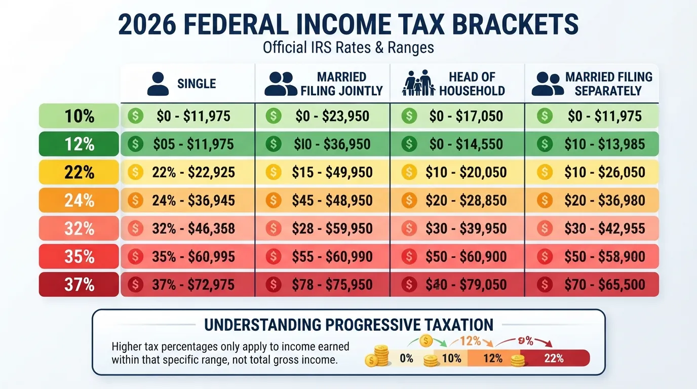 Infographic chart displaying 2026 federal income tax brackets (10% to 37%) and income thresholds for Single, Married Filing Jointly, Head of Household, and Married Filing Separately filers.