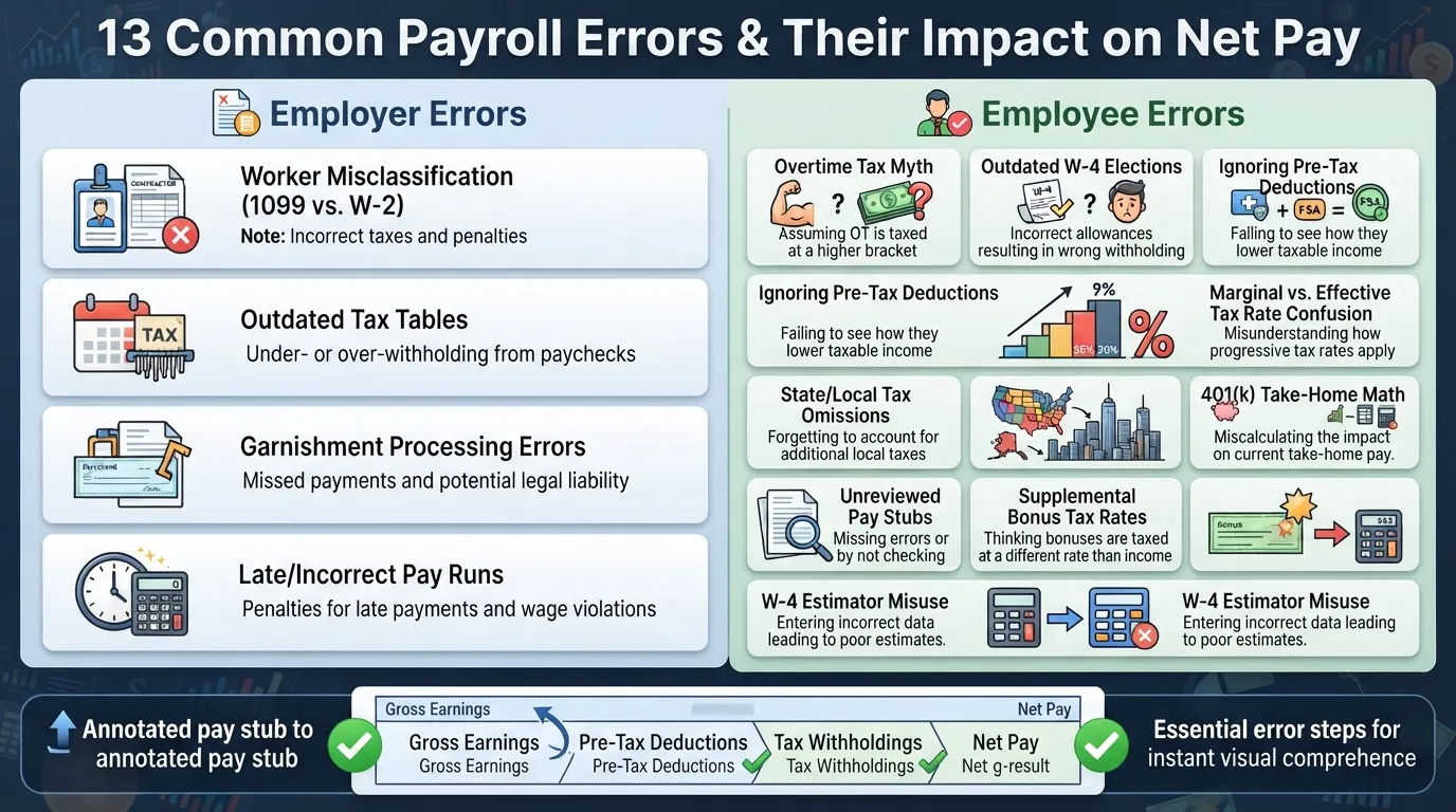 Infographic illustrating 13 common employer and employee payroll errors showing how misclassifications, tax withholding mistakes, and overtime miscalculations lower take-home pay.