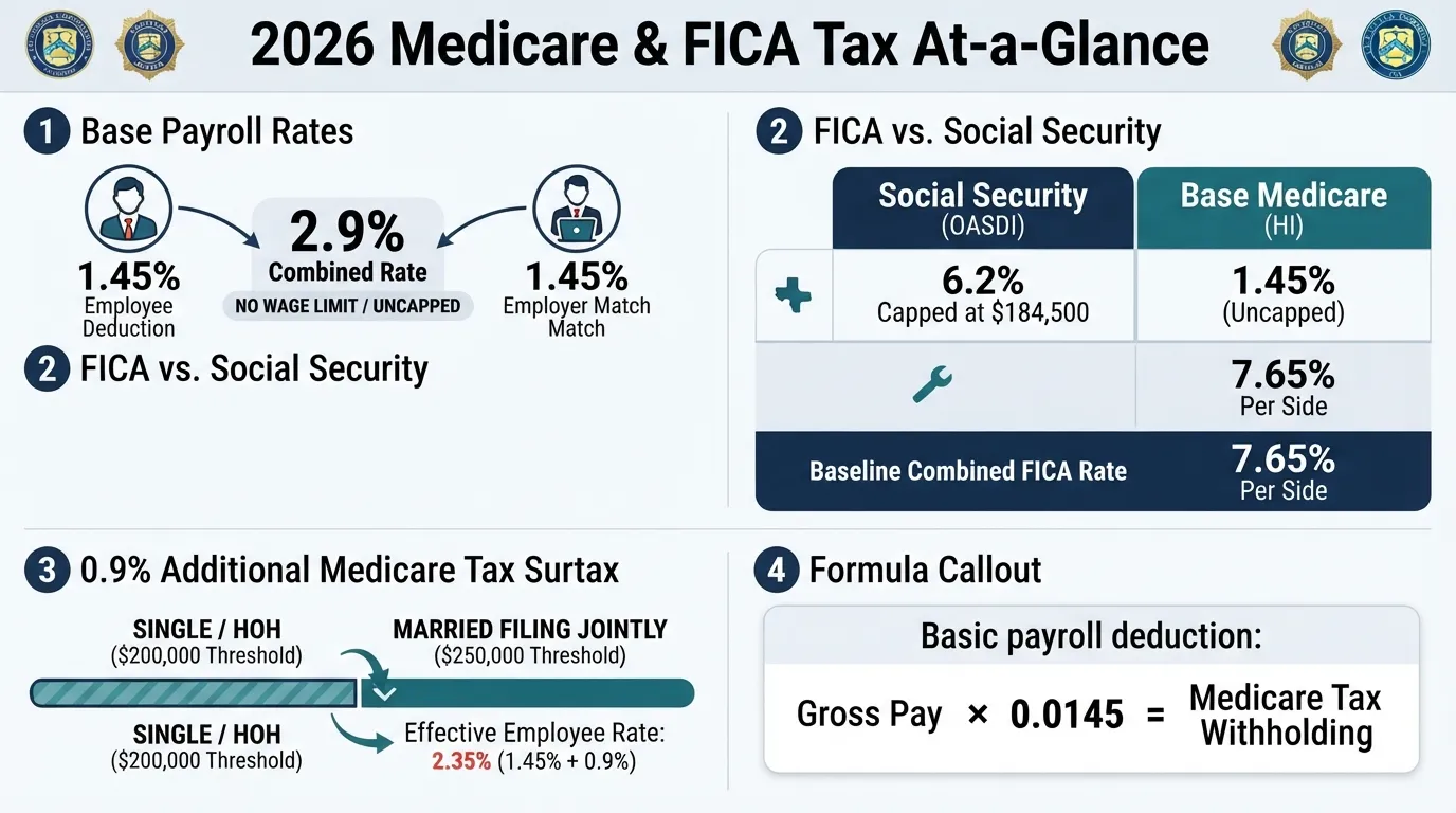 Infographic breakdown of the 2026 Medicare tax rate showing the 1.45% employee and employer rates, $184,500 Social Security wage base limit, and 0.9% Additional Medicare Tax threshold income limits.
