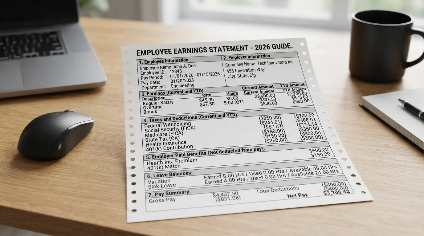 A sample employee earnings statement for 2026 detailing regular salary, overtime, taxes, and deductions, laid out on a wooden office desk next to a laptop and a black coffee mug.