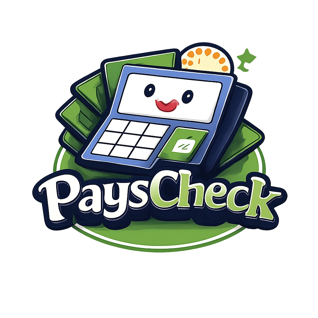 PaysCheck Calculator logo with a smiling calculator, green dollar sign button, surrounded by bills and a gold coin, in vibrant blue, green, and yellow colors.