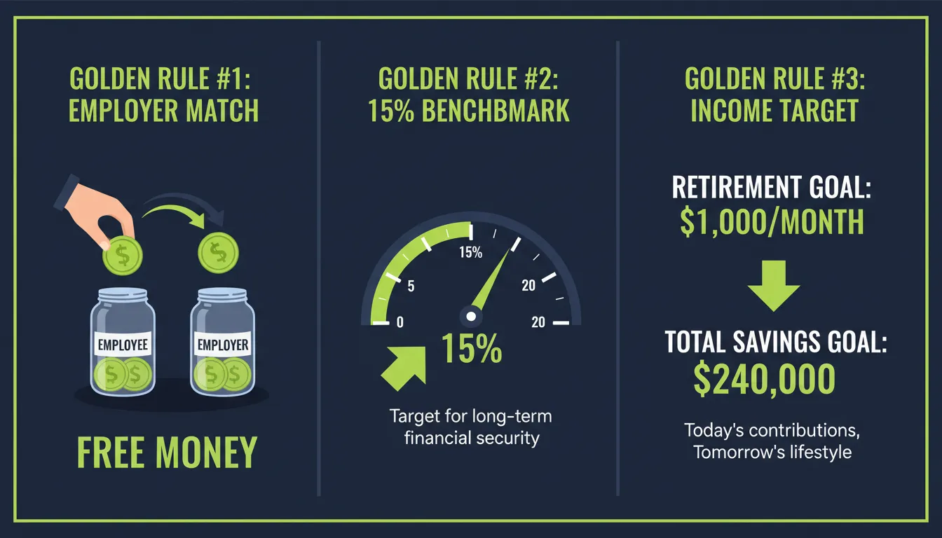 A professional infographic illustrating the three golden rules of 401k contributions, including the employer match, the 15 percent benchmark, and retirement income targets.