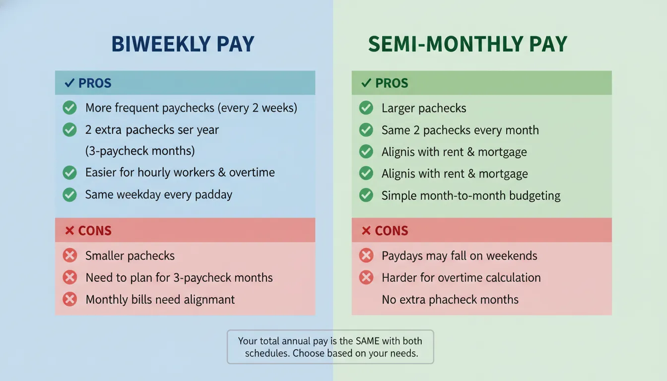 Figure: Biweekly vs Semi-Monthly Pay — Pros and Cons comparison. Biweekly gives more frequent paychecks and 3-paycheck months. Semi-monthly gives larger paychecks and simpler budgeting.