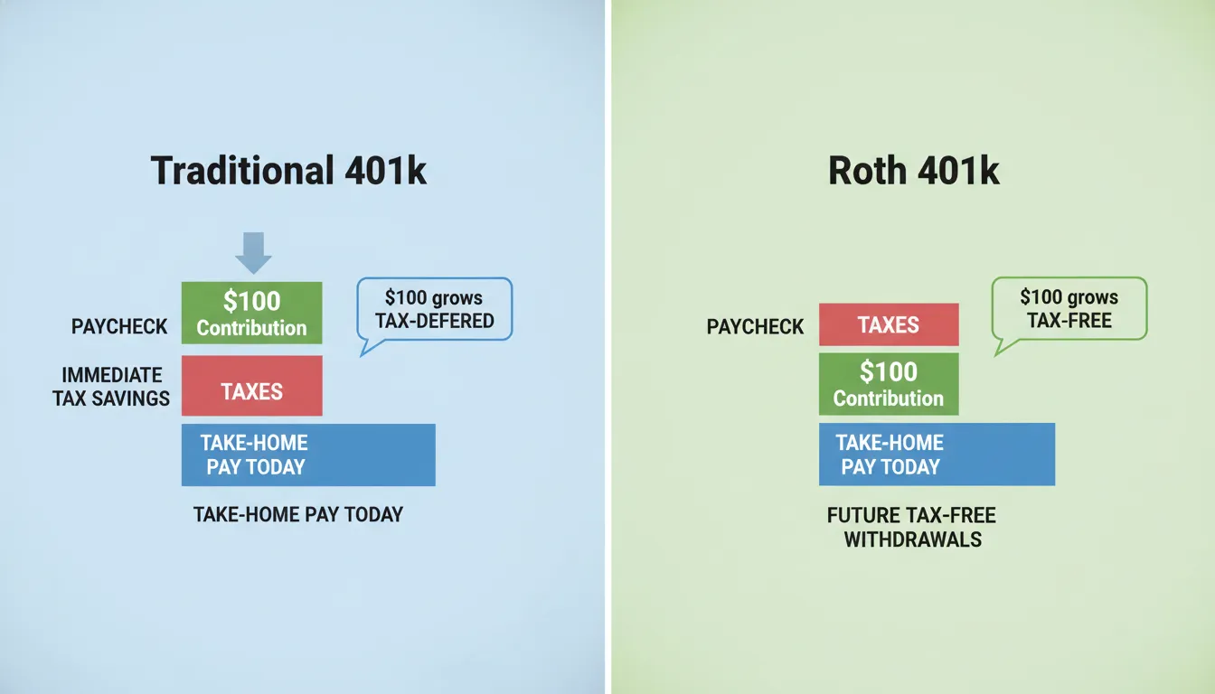 A side-by-side infographic comparing Traditional 401k and Roth 401k contributions, showing how pre-tax vs. post-tax deductions affect a user's final take-home pay on a paycheck stub.
