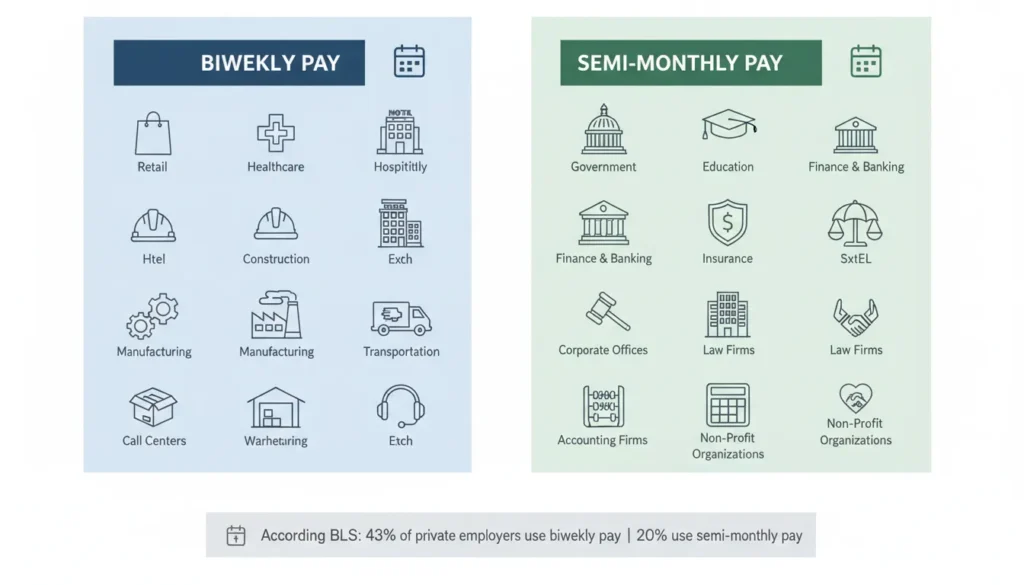 Figure: Industry Guide — Biweekly pay is common in retail, healthcare, construction, and manufacturing. Semi-monthly pay is common in government, education, finance, and corporate offices.