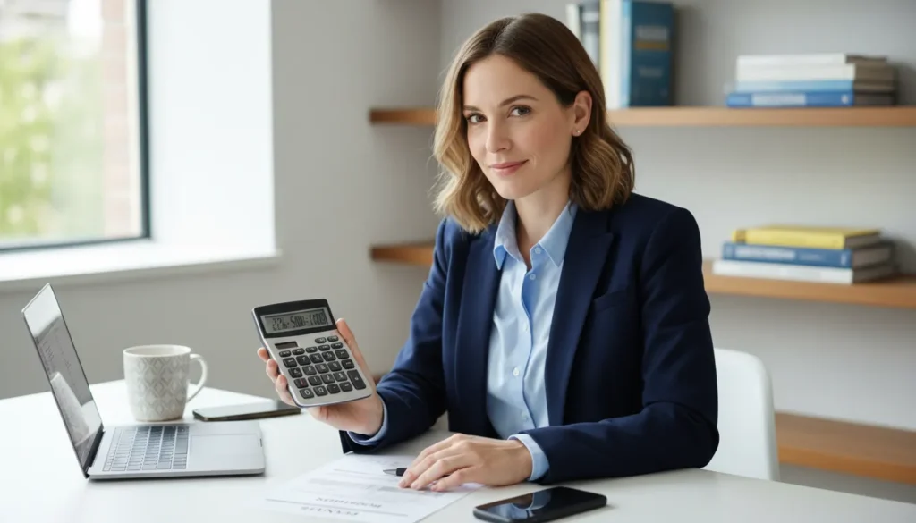 Professional person using calculator to calculate bonus tax withholding rate of 22 percent on a $5,000 bonus, with paperwork and laptop on desk