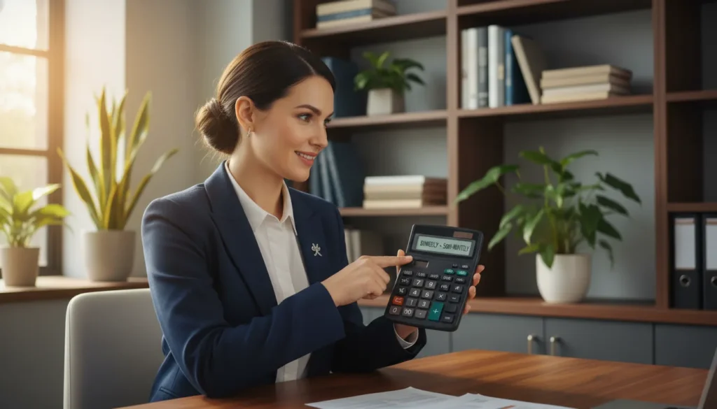 Professional woman holding a calculator while comparing biweekly pay of $2,308 and semi-monthly pay of $2,500