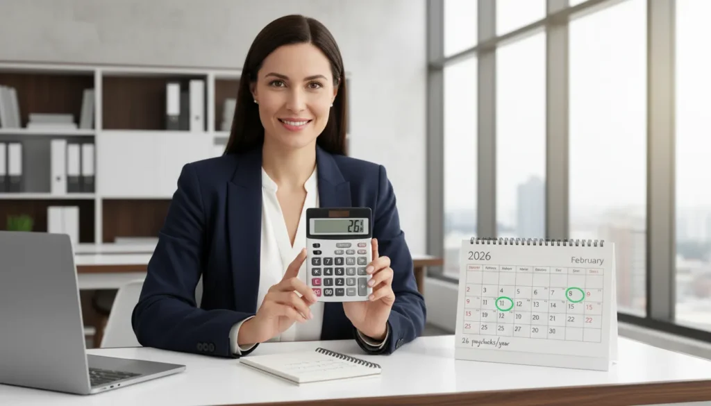 Professional woman holding calculator showing 26 paychecks explaining that biweekly pay means getting paid every 2 weeks with 26 paychecks per year