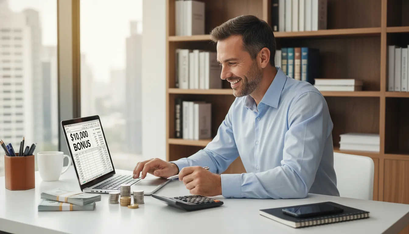 Professional man calculating bonus tax withholding with laptop showing $5,000 and $10,000 bonus examples, with cash and calculator on desk