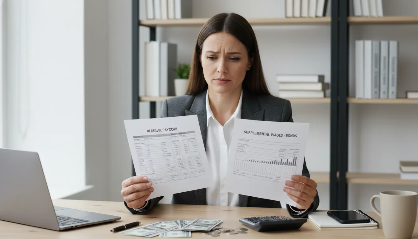Professional woman comparing regular paycheck document and bonus check document side by side to understand why bonuses are taxed differently at 22 percent flat rate