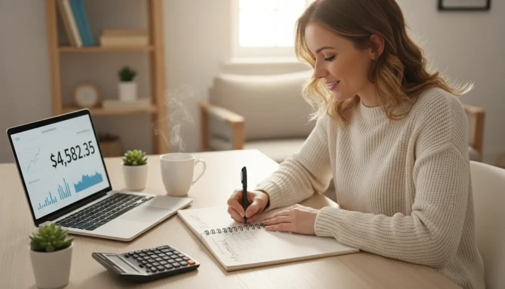 Professional woman creating monthly budget planner based on net income, using calculator and laptop, showing categories like rent, groceries, savings, and utilities