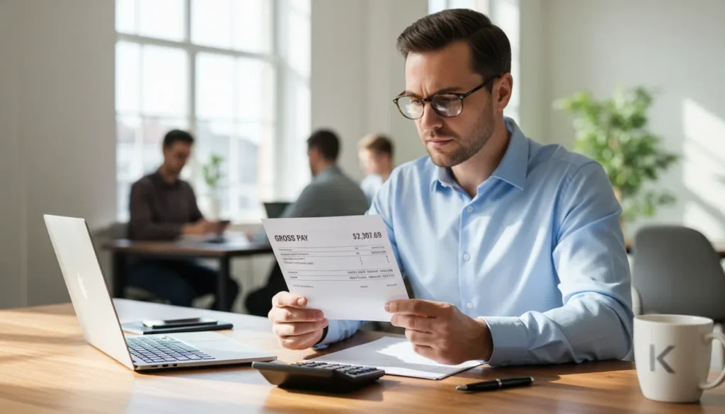 Professional man holding pay stub showing gross income amount before any taxes or deductions, understanding his total earnings from employer