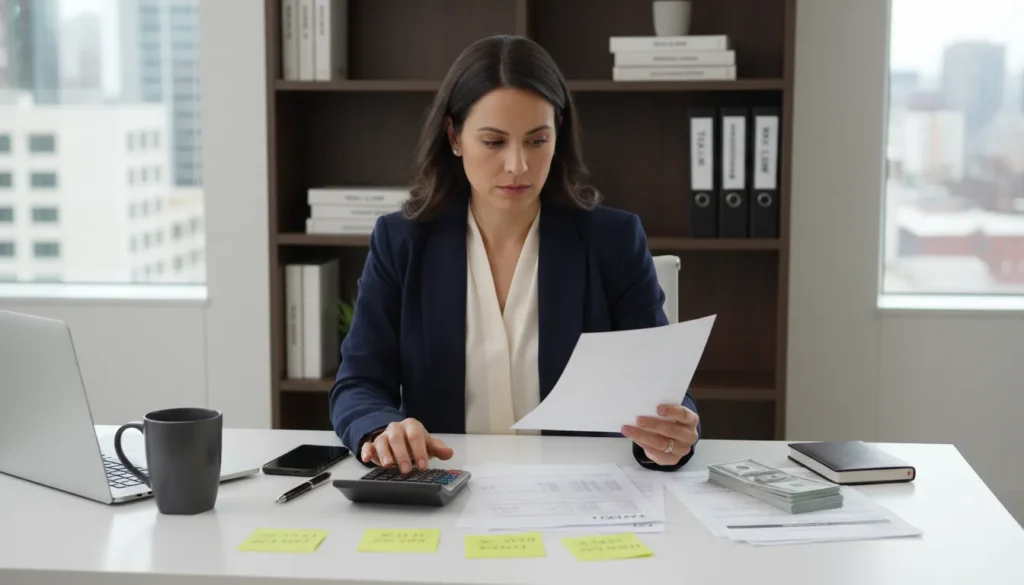 Professional woman reviewing pay stub to understand tax deductions on bonus including federal tax 22 percent, Social Security 6.2 percent, Medicare 1.45 percent, and state tax