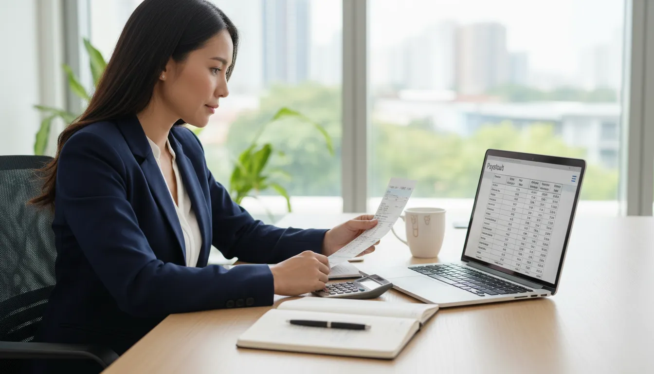 Professional woman reviewing paycheck deductions on laptop and paper pay stub to understand gross pay, taxes, 401k contributions, health insurance, and net take-home pay