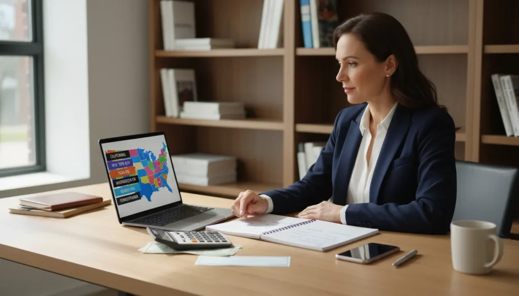 Professional woman reviewing state tax map on laptop showing no-tax states like Texas and Florida at 0 percent, California at 9.3 percent, and New York at 6.5 percent for bonus withholding
