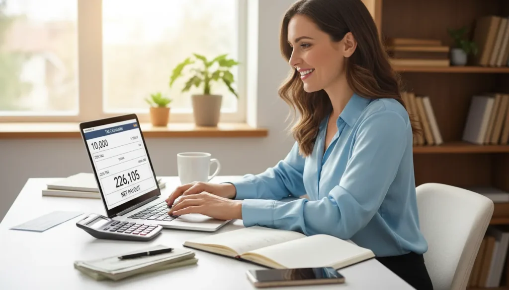Person using bonus tax calculator on laptop to see take-home pay after federal tax 22 percent, Social Security 6.2 percent, Medicare 1.45 percent, and state tax