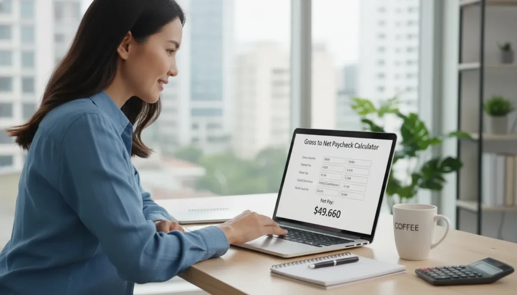 Figure: Using our online gross to net income calculator helps you instantly see your take-home pay after taxes, 401k contributions, health insurance, and other deductions.